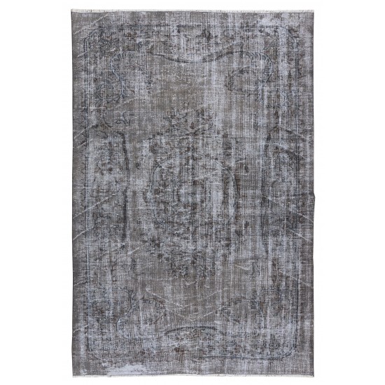 Vintage Rug Over-Dyed in Gray with Medallion Design, Handmade in